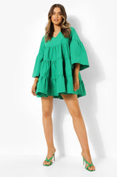 Robe courte décontractée unie en coton à manches 3/4 et col en V